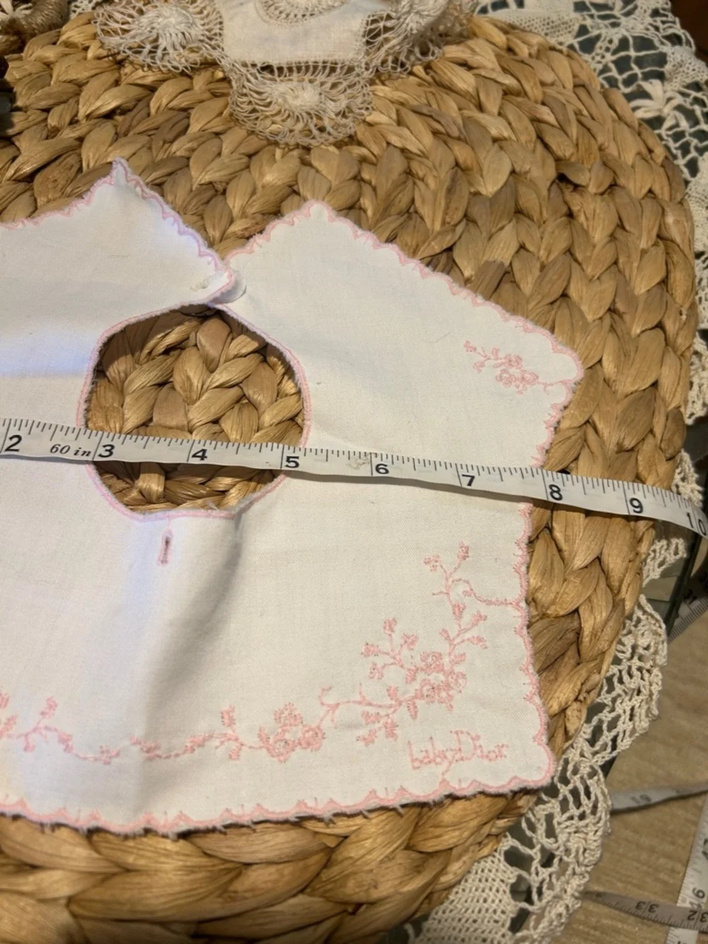 Vintage Handmade White Baby Bib with Pink Embroidery